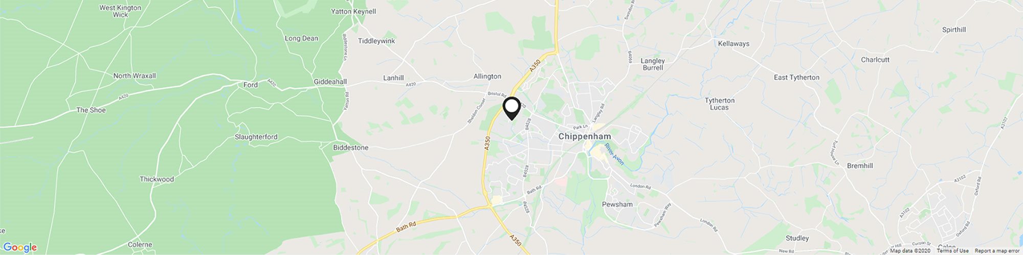 Close up map showing specific Bumpers Farm Chippenham Motor Company location