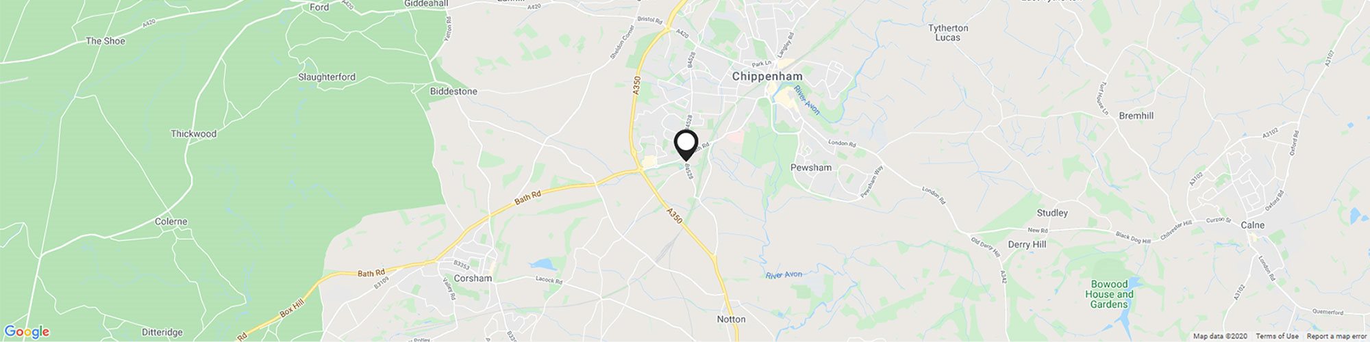 Close up map showing specific Bath Road Chippenham Motor Company location